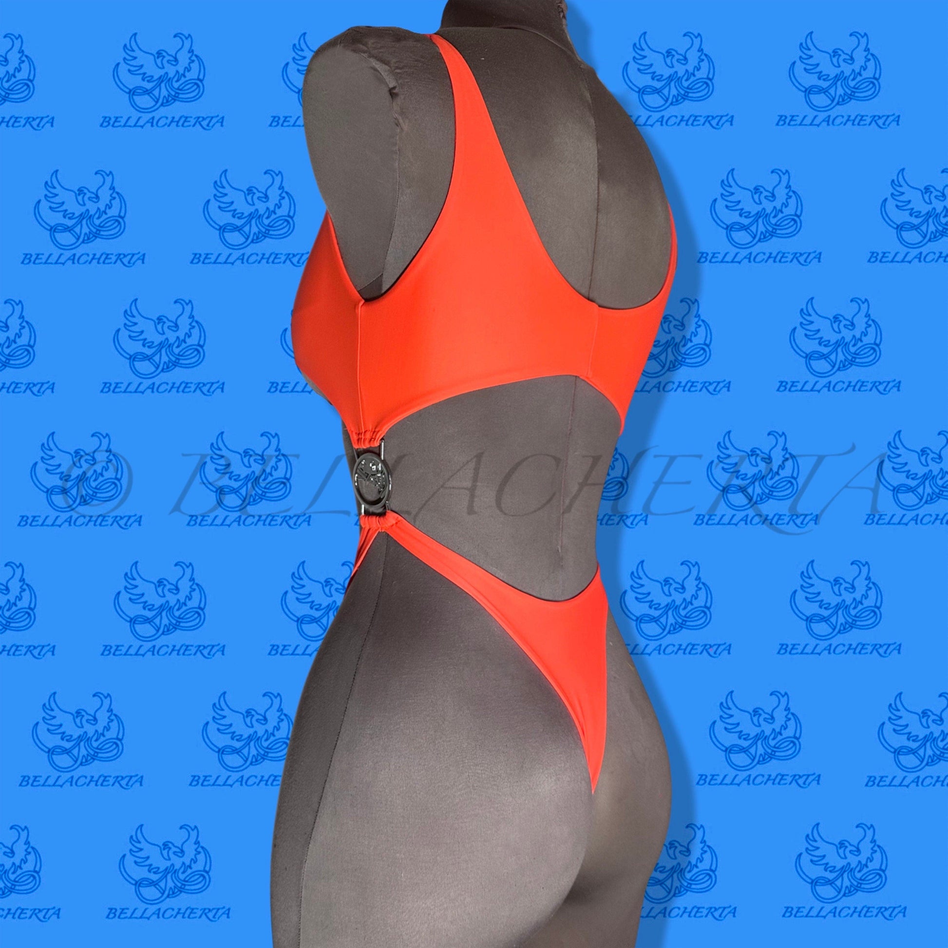 Bellacherta Neon Glow One-piece Cutout Swimsuit With Silver Buckles, Exotic Dance Wear, Carnival Monday Wear