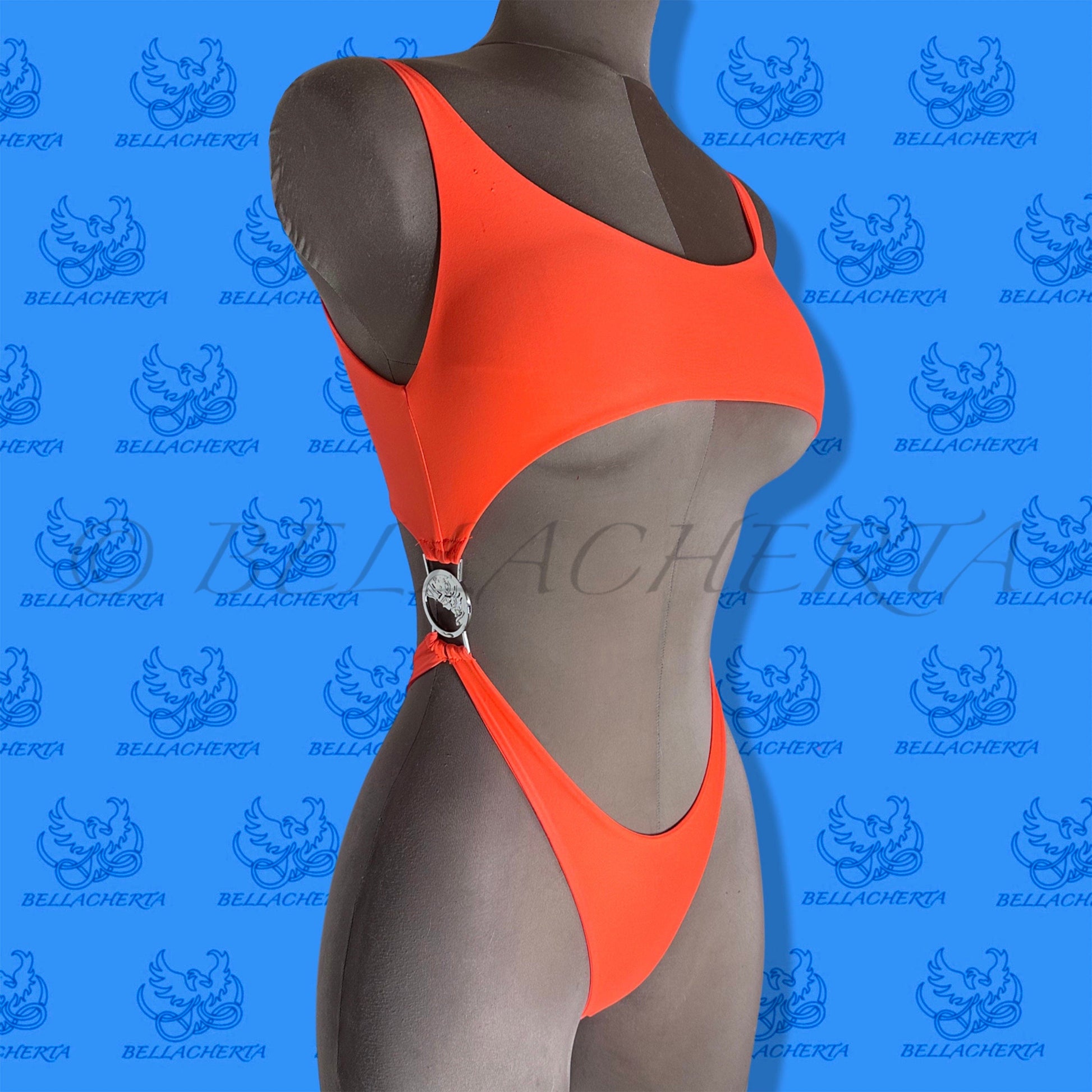 Bellacherta Neon Glow One-piece Cutout Swimsuit With Silver Buckles, Exotic Dance Wear, Carnival Monday Wear