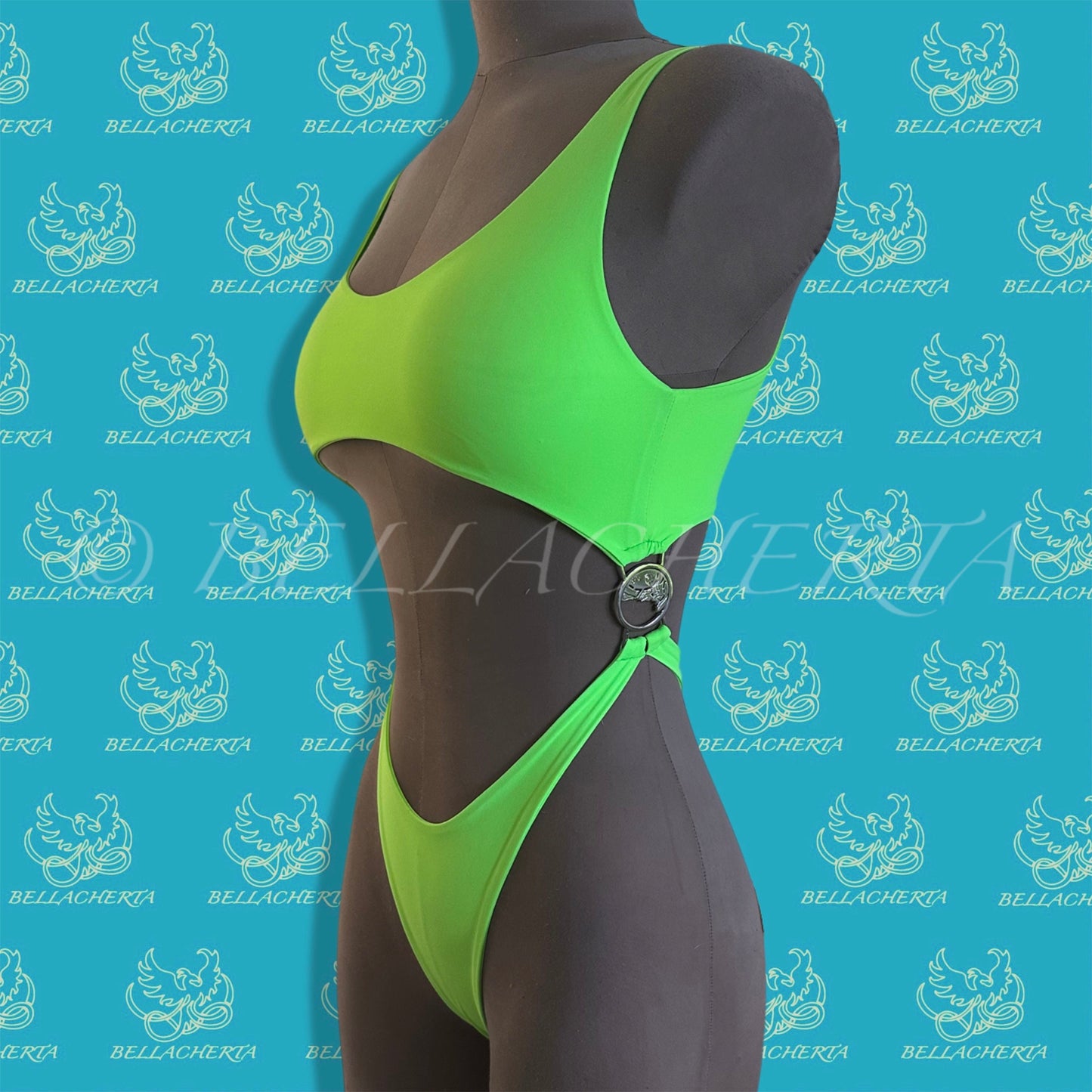 Bellacherta Neon Glow One-piece Cutout Swimsuit With Silver Buckles, Exotic Dance Wear, Carnival Monday Wear