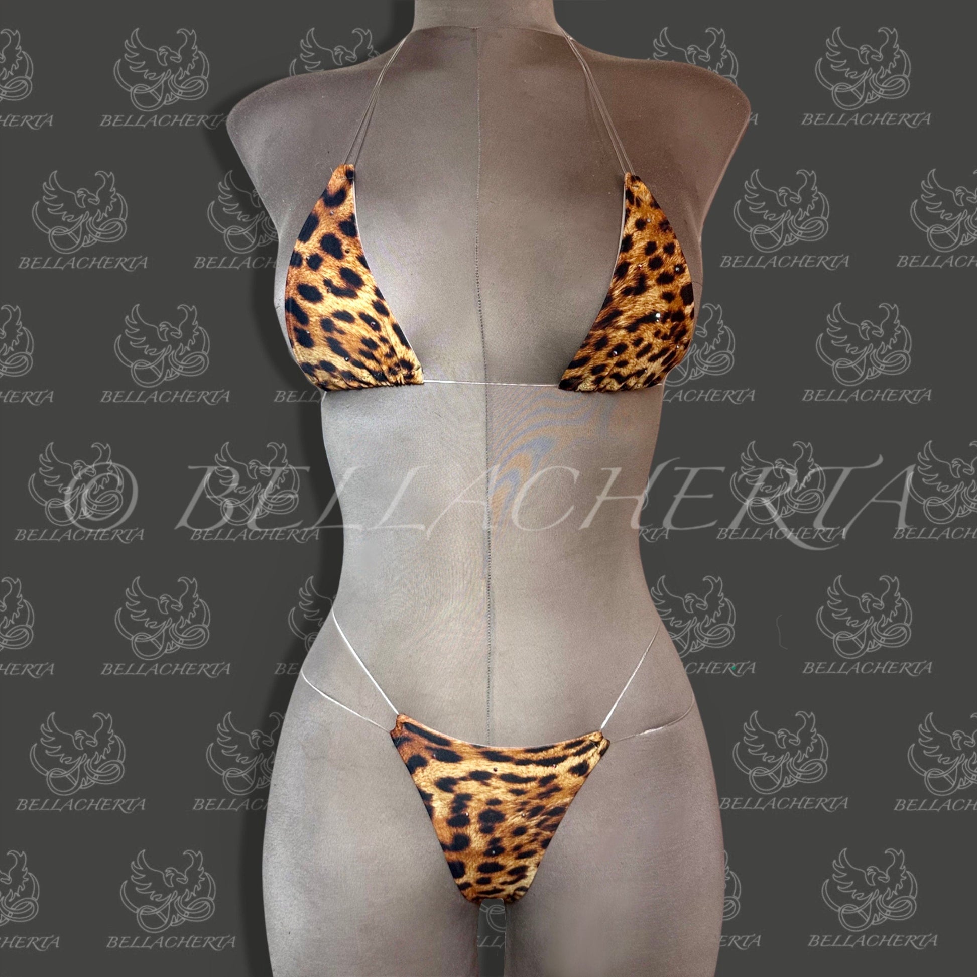 Extreme Bare-Back G-string T-string Micro Thong Bikini Swimsuit, Tied Strings Halterneck Top, Tri-Top, Exotic Dancewear, Animal Print