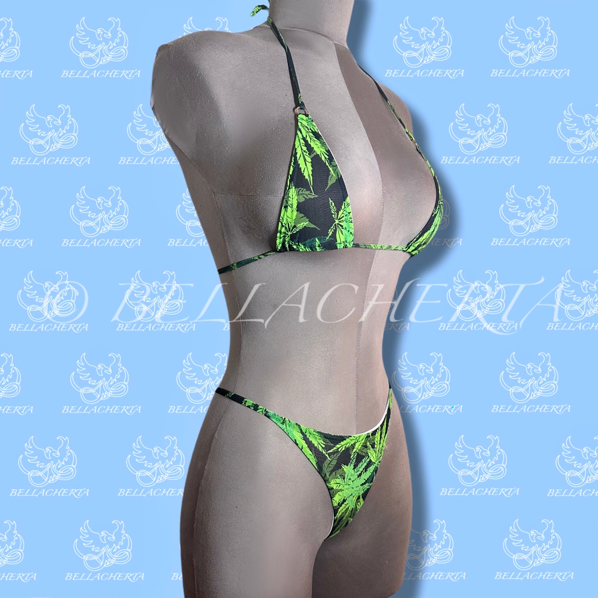 Tie-Up Halter Top and Adjustable Straps Bikini Cannabis Print Swimsuit