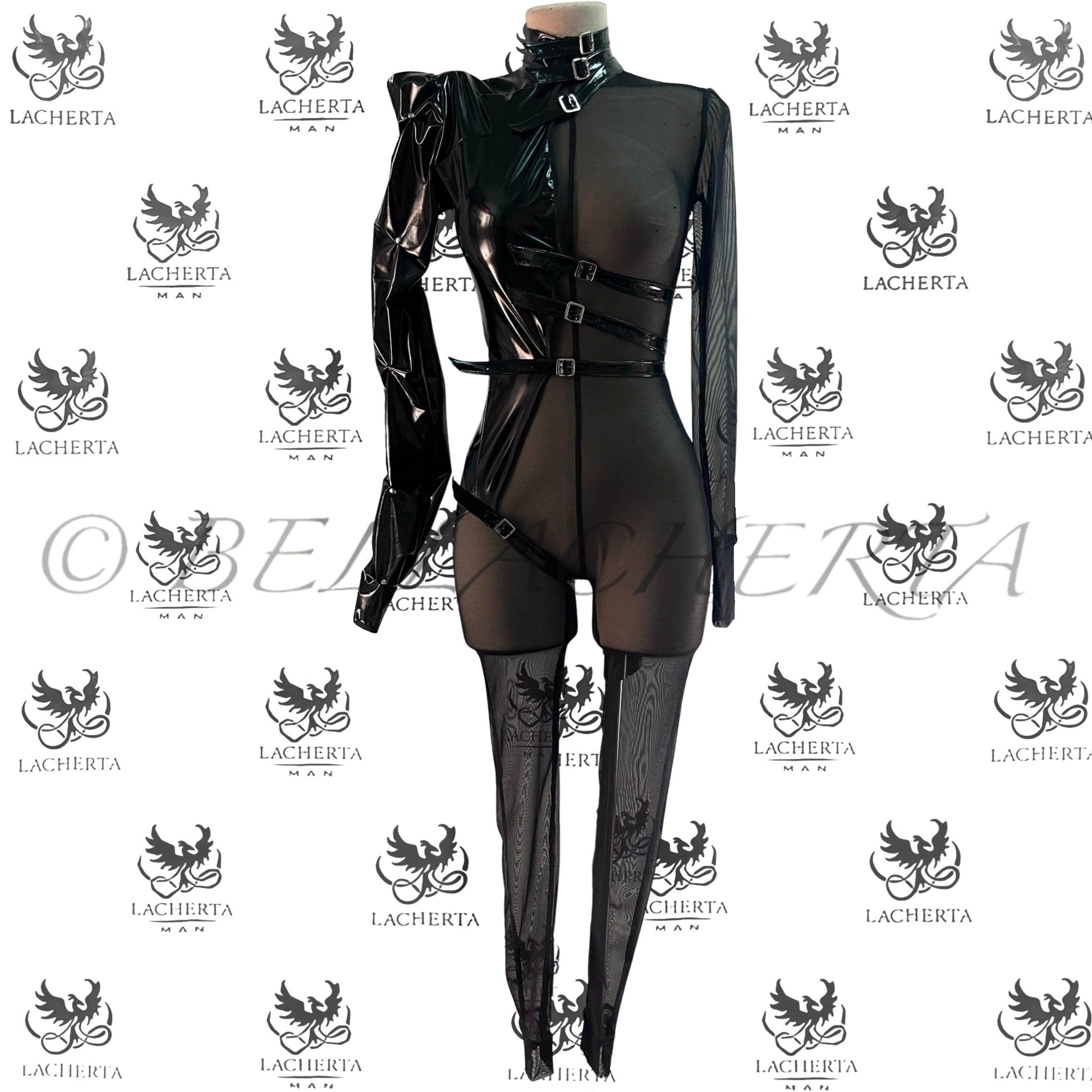 One-Sleeve Imitation Leather Strap and Mesh Bodysuit