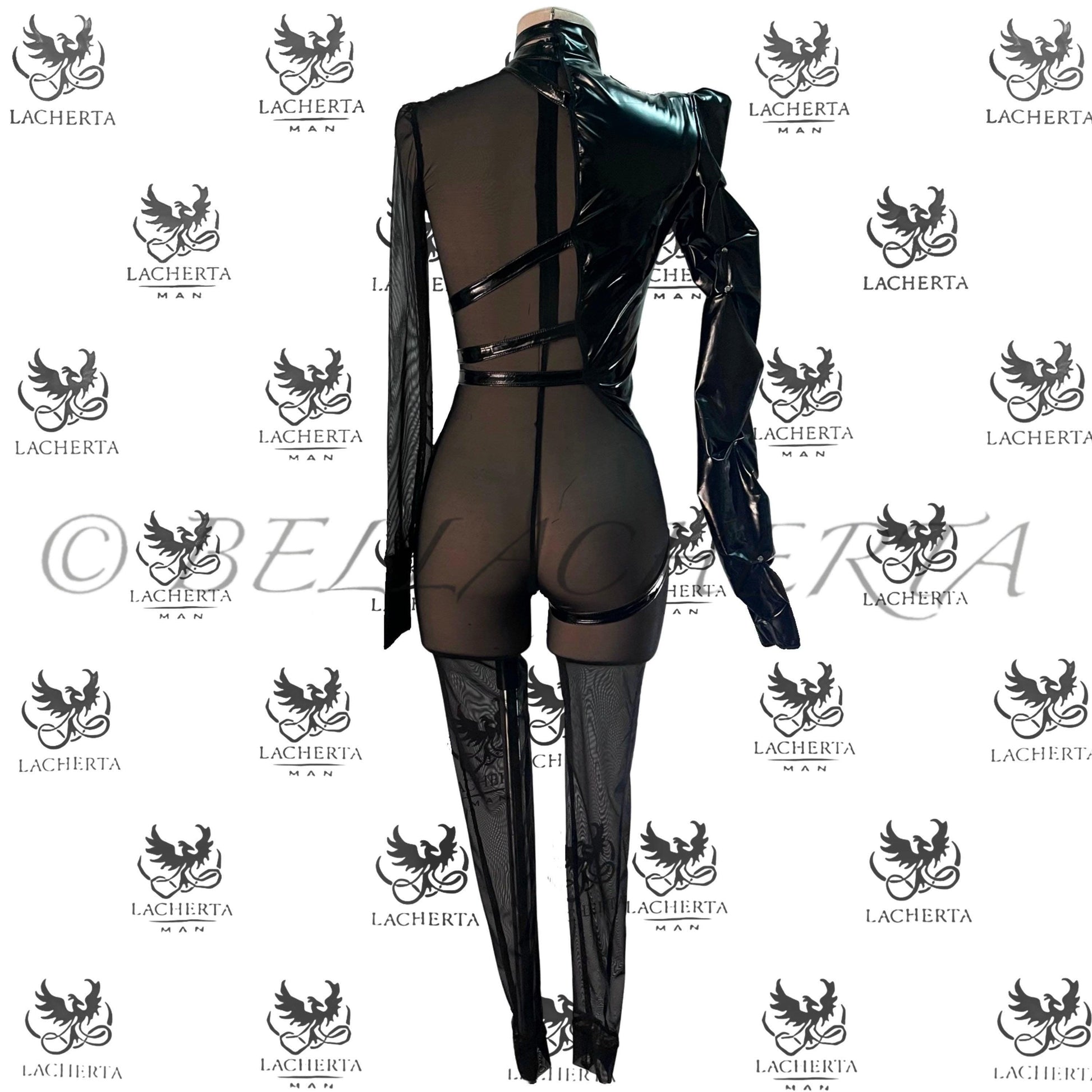 One-Sleeve Imitation Leather Strap and Mesh Bodysuit