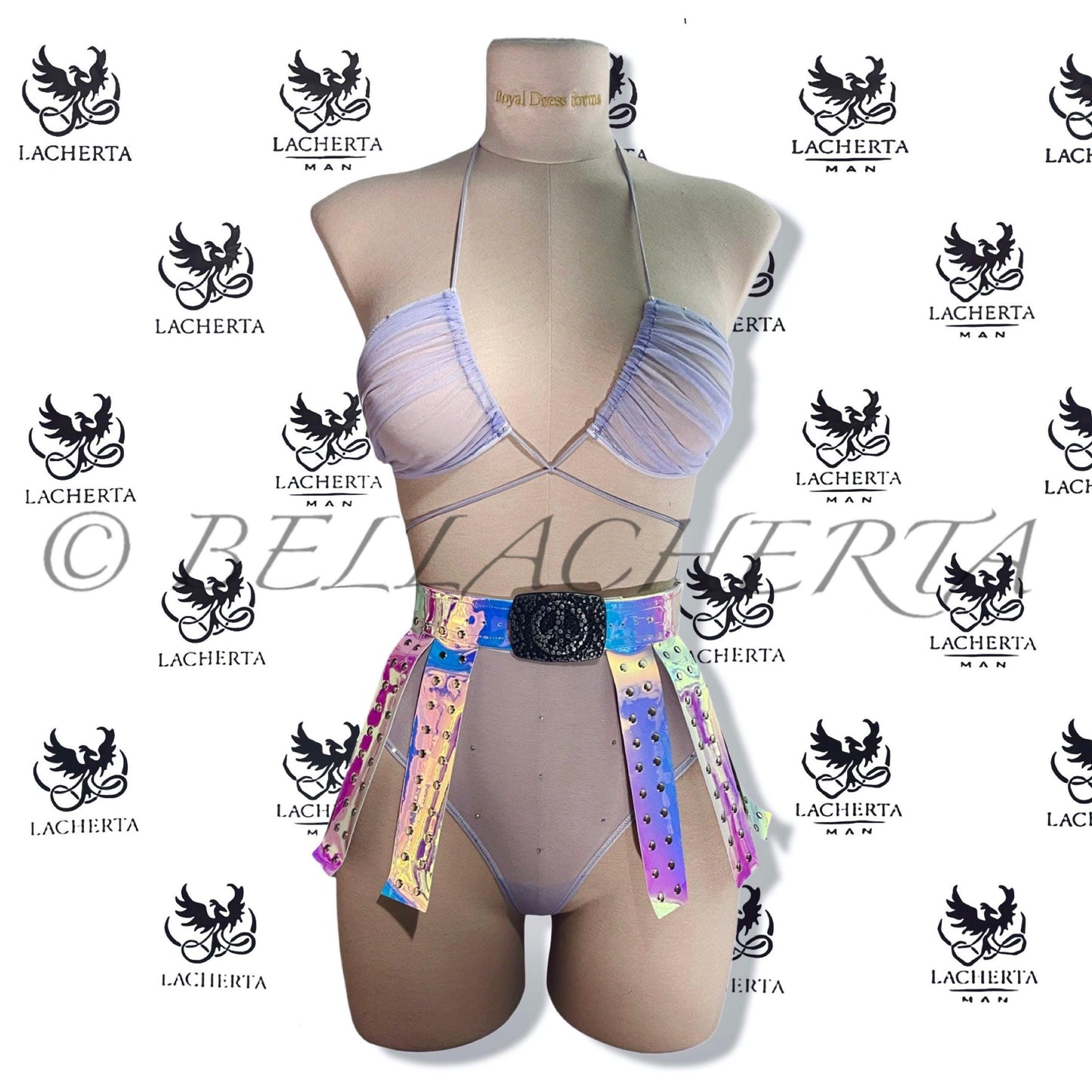 Holographic Gladiator Skirt with Sheer Bra and High-Waisted Panty Lingerie Set