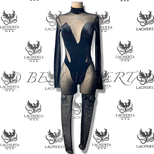 Plunge Mesh and Velvet Bodysuit