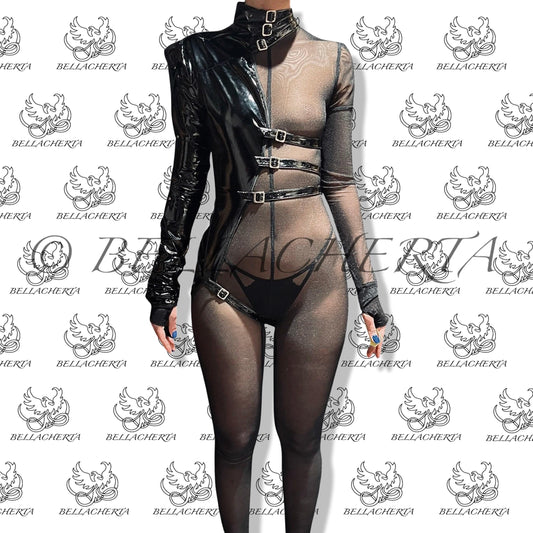 One-Sleeve Imitation Leather Strap and Mesh Bodysuit