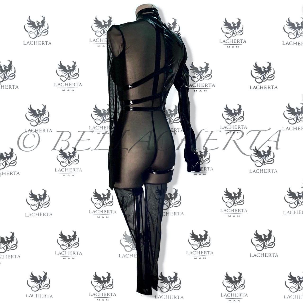 One-Sleeve Imitation Leather Strap and Mesh Bodysuit