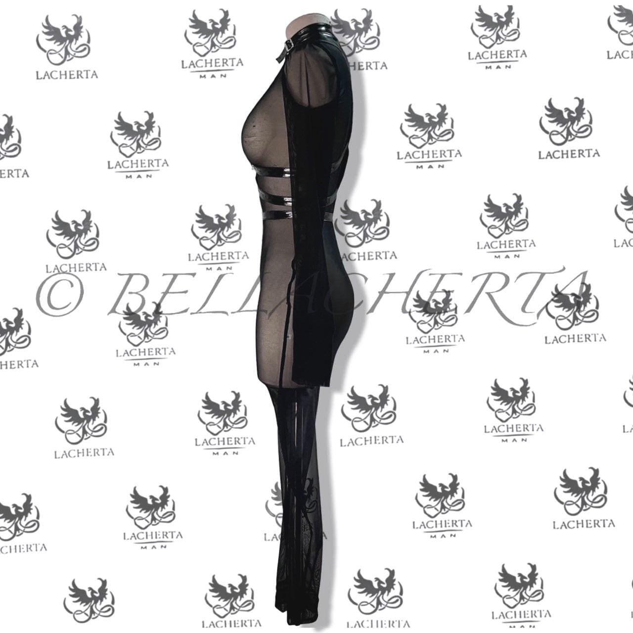 One-Sleeve Imitation Leather Strap and Mesh Bodysuit