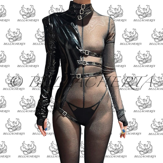 One-sleeve Imitation Leather Strap Bodysuit Only (mesh bodysuit is sold separately)