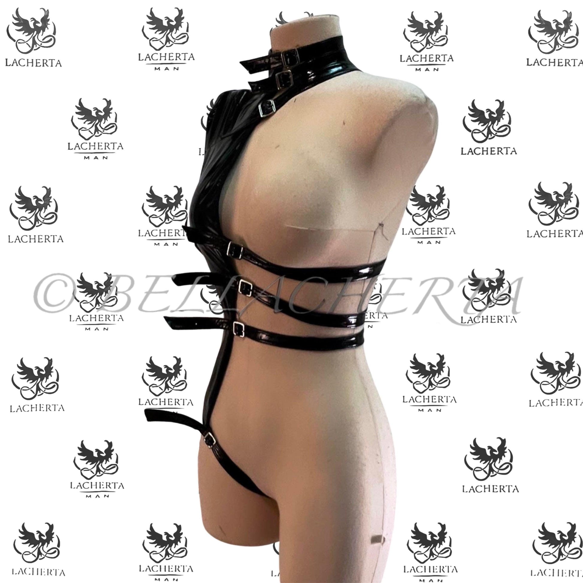 One-sleeve Imitation Leather Strap Bodysuit Only (mesh bodysuit is sold separately)