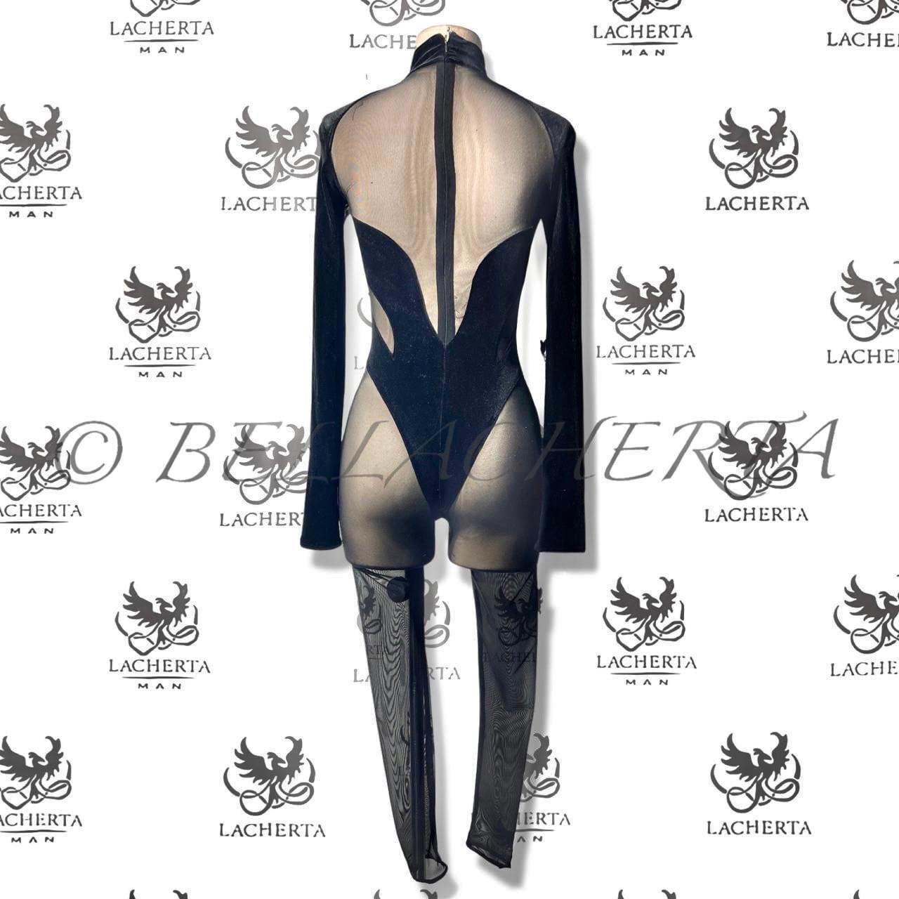 Plunge Mesh and Velvet Bodysuit