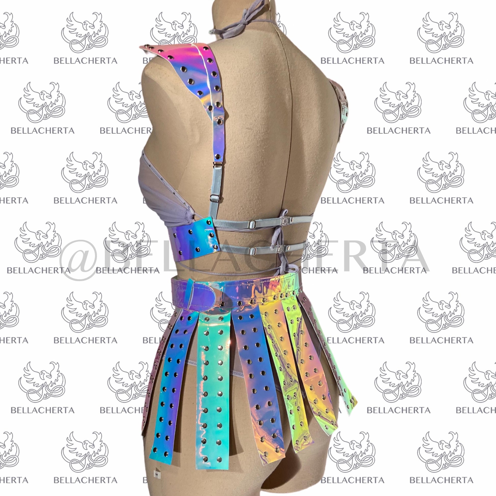 Holographic Gladiator Skirt with Sheer Bra and High-Waisted Panty Lingerie Ser, sexy Halloween outfit