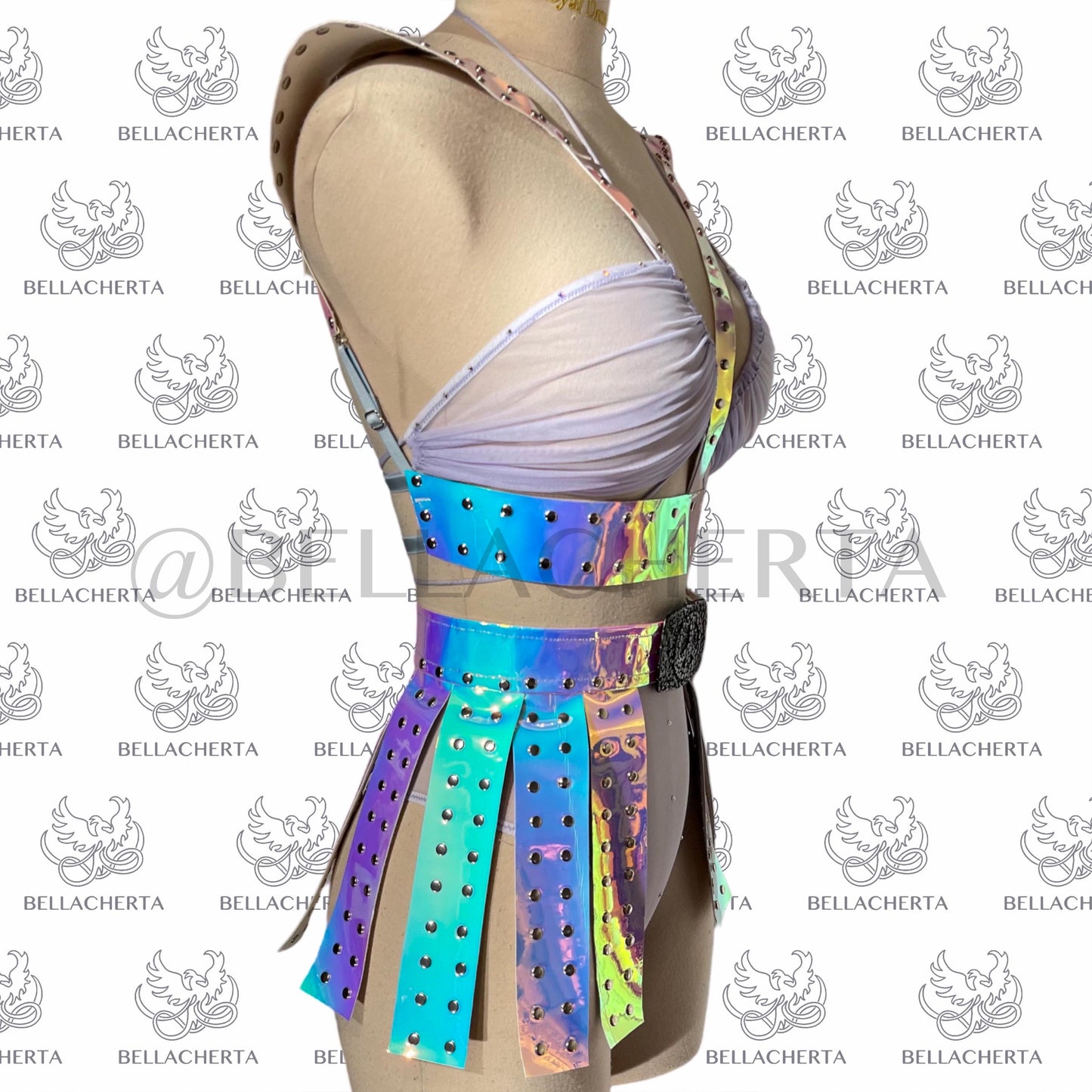 Holographic Gladiator Skirt with Sheer Bra and High-Waisted Panty Lingerie Ser, sexy Halloween outfit