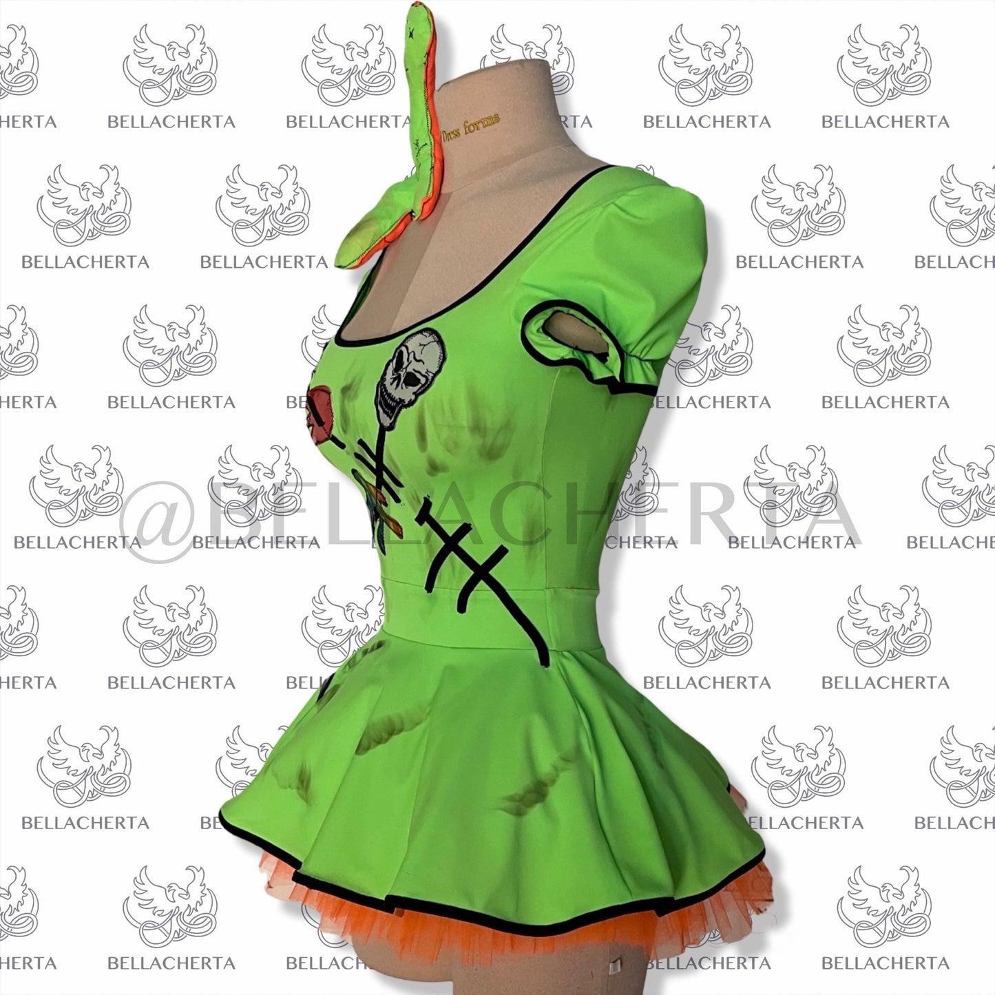 Sexy Green Orange Halloween Boogey Mini Dress with Voodoo Doll