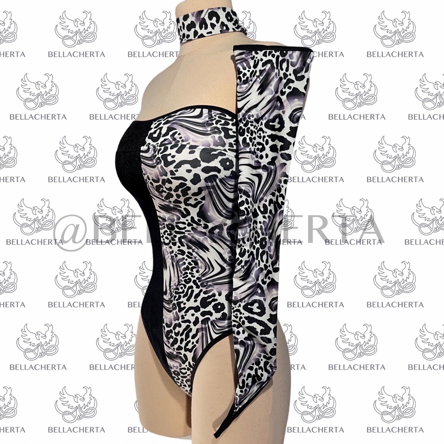 Animal-print Colorblock Cruella De Vil Inspired Assymetrical-Sleeve Halloween Bodysuit with matching Choker