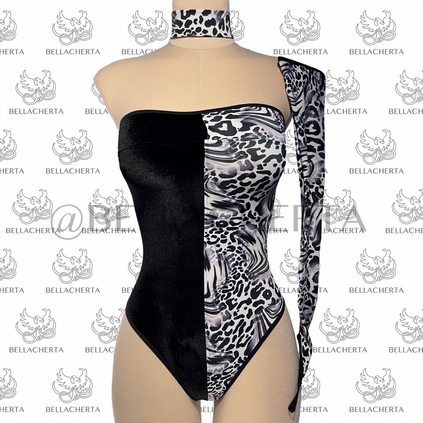 Animal-print Colorblock Cruella De Vil Inspired Assymetrical-Sleeve Halloween Bodysuit with matching Choker