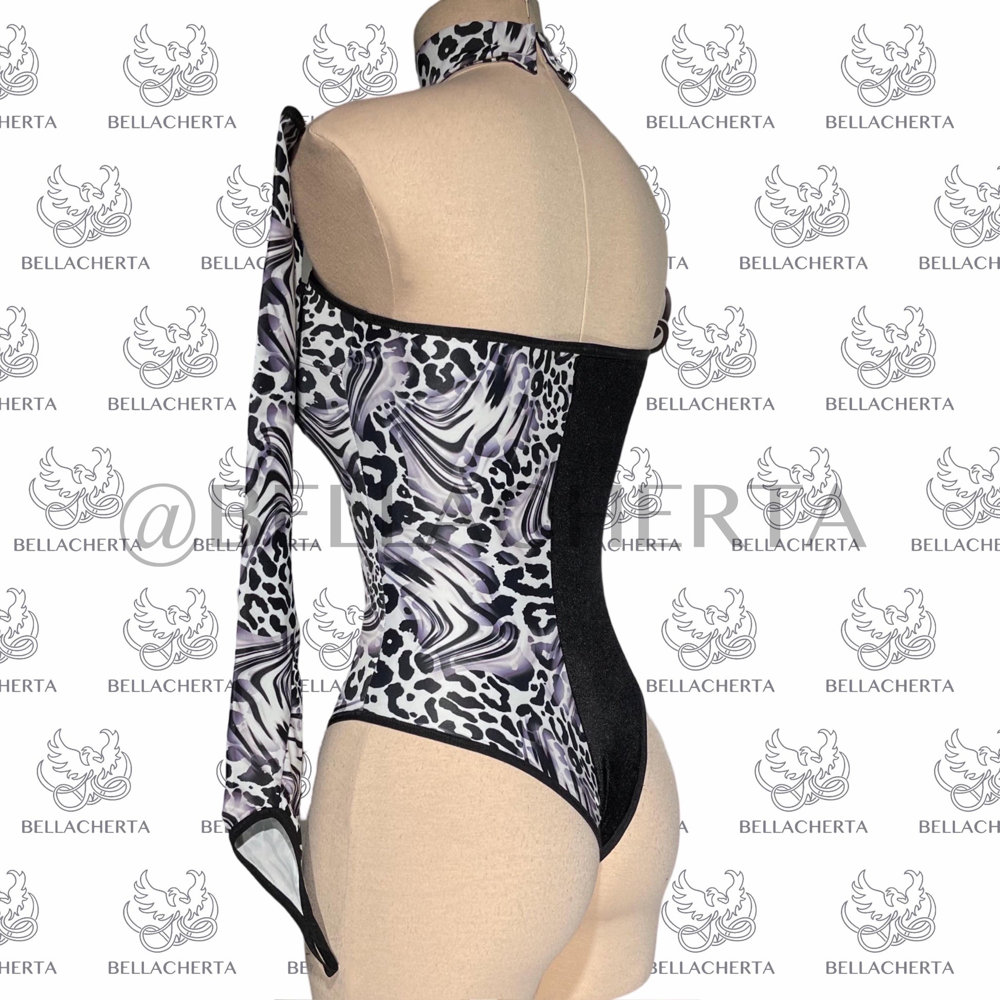 Animal-print Colorblock Cruella De Vil Inspired Assymetrical-Sleeve Halloween Bodysuit with matching Choker