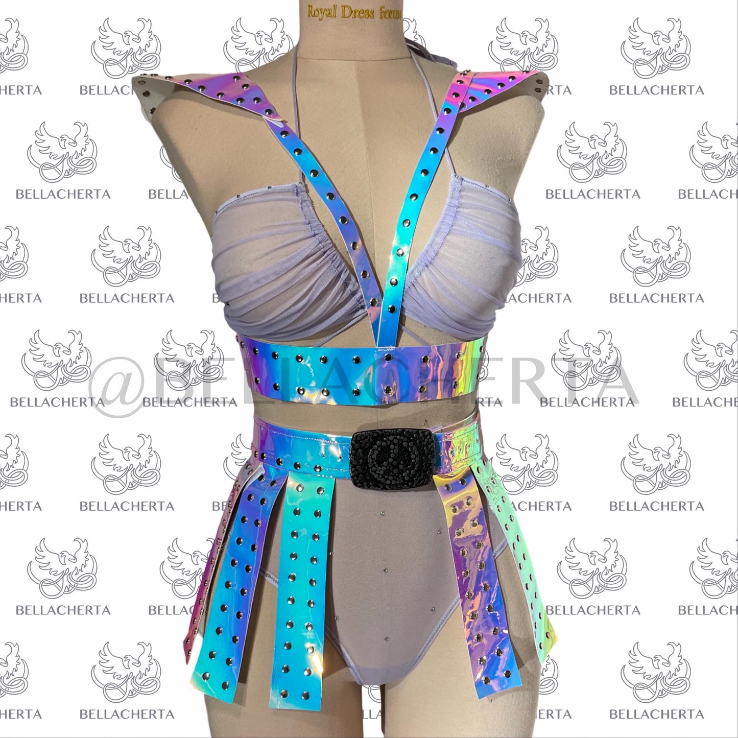 Holographic Gladiator Skirt with Sheer Bra and High-Waisted Panty Lingerie Ser, sexy Halloween outfit