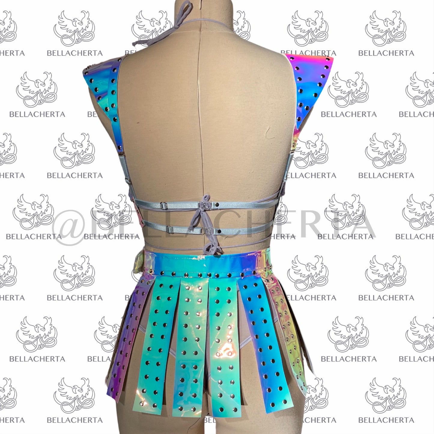 Holographic Gladiator Skirt with Sheer Bra and High-Waisted Panty Lingerie Ser, sexy Halloween outfit