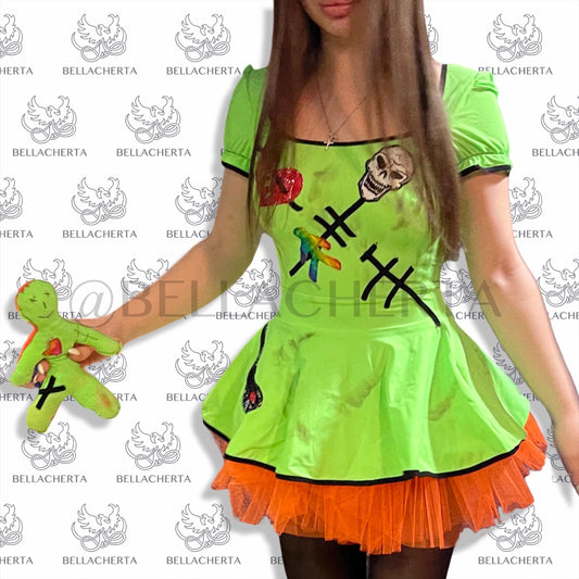 Sexy Green Orange Halloween Boogey Mini Dress with Voodoo Doll