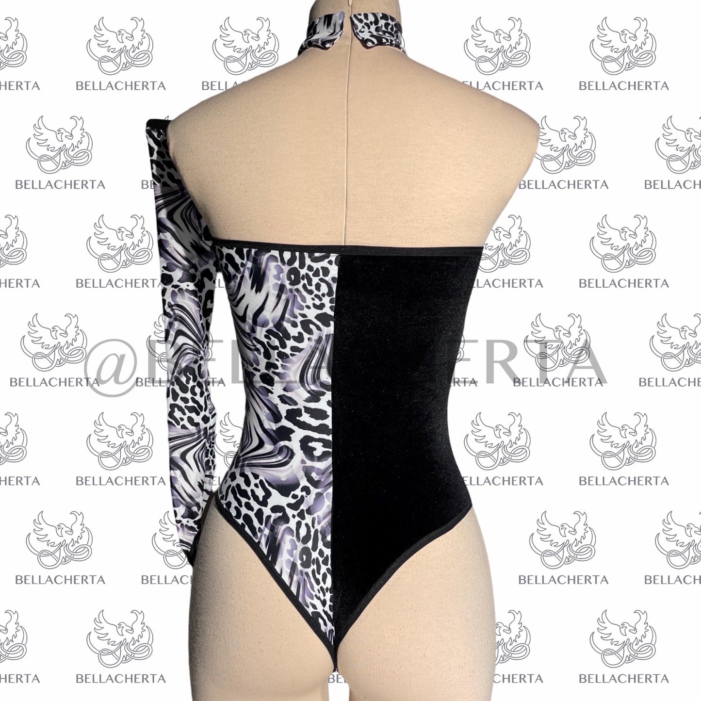 Animal-print Colorblock Cruella De Vil Inspired Assymetrical-Sleeve Halloween Bodysuit with matching Choker